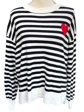 Stitch & Feather Black/White Stripe with Heart Oversized Crew Neck Sweater (M)